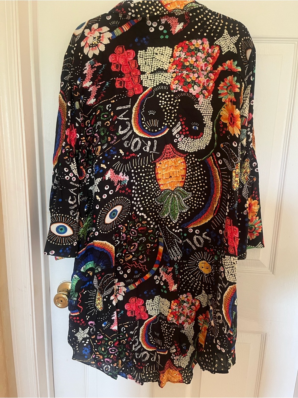 FARM Rio Black Multicolor Button-Front Tunic/dress with Green Trim- Large - Picture 4 of 7